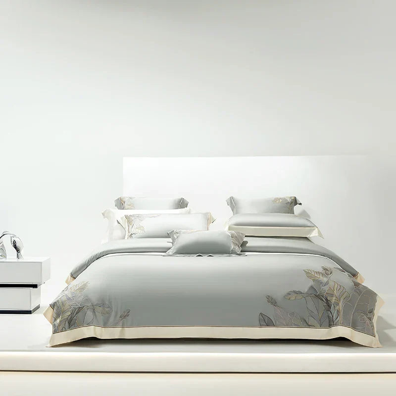 DecorBites™ Eucalyptus Lyocell Soft Silky Cool Bedding Set with Leaves Embroidery