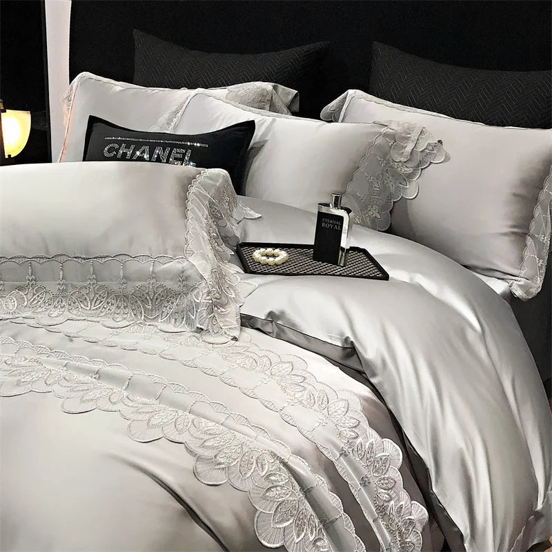 طقم ملاءات سرير فاخر من الدانتيل المرقع من الحرير والقطن DecorBites™ مقاس كوين وكينج