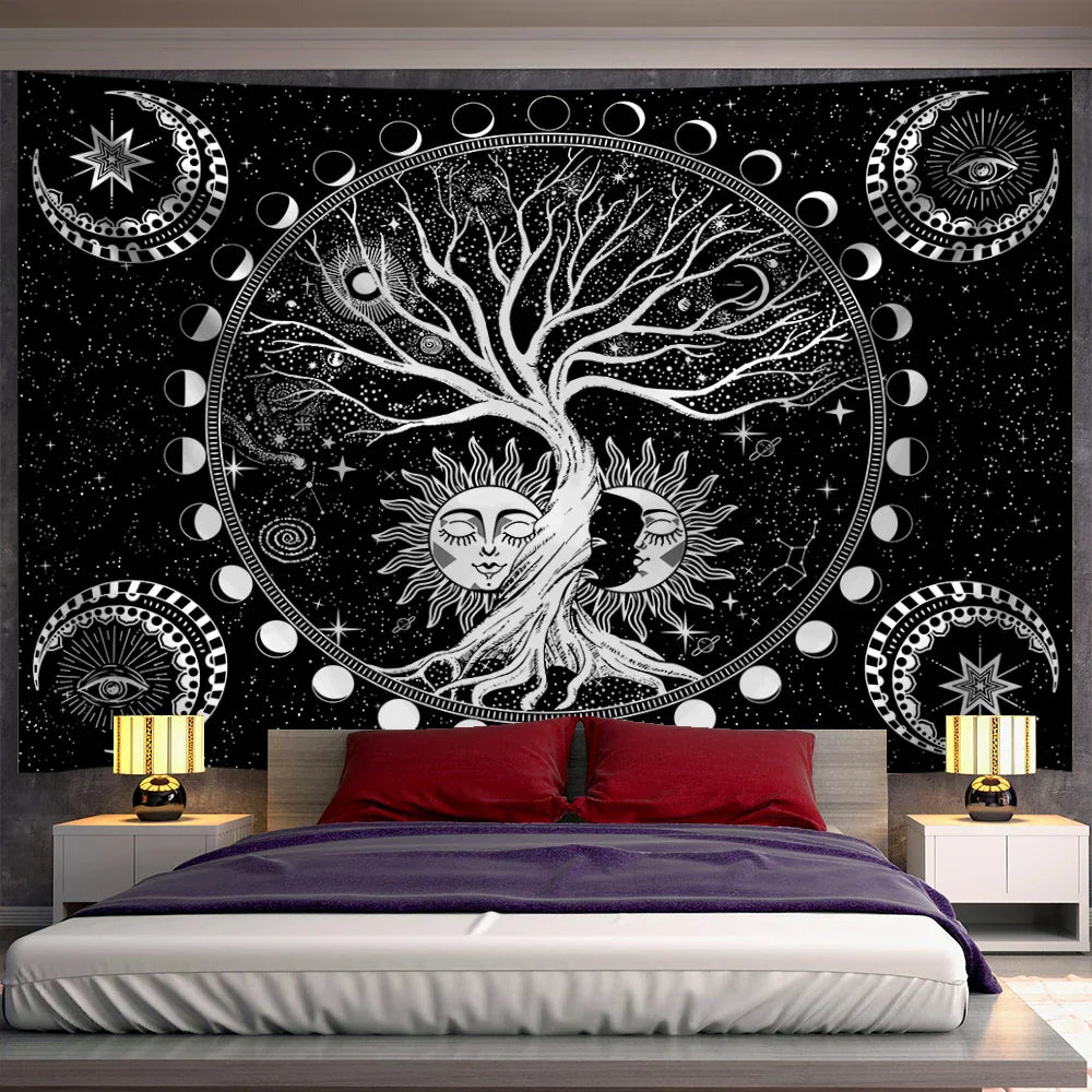 مفروشات حائط من DecorBites™ بتصميم شجرة الحياة الخضراء لديكورات غرف بوهيمية
