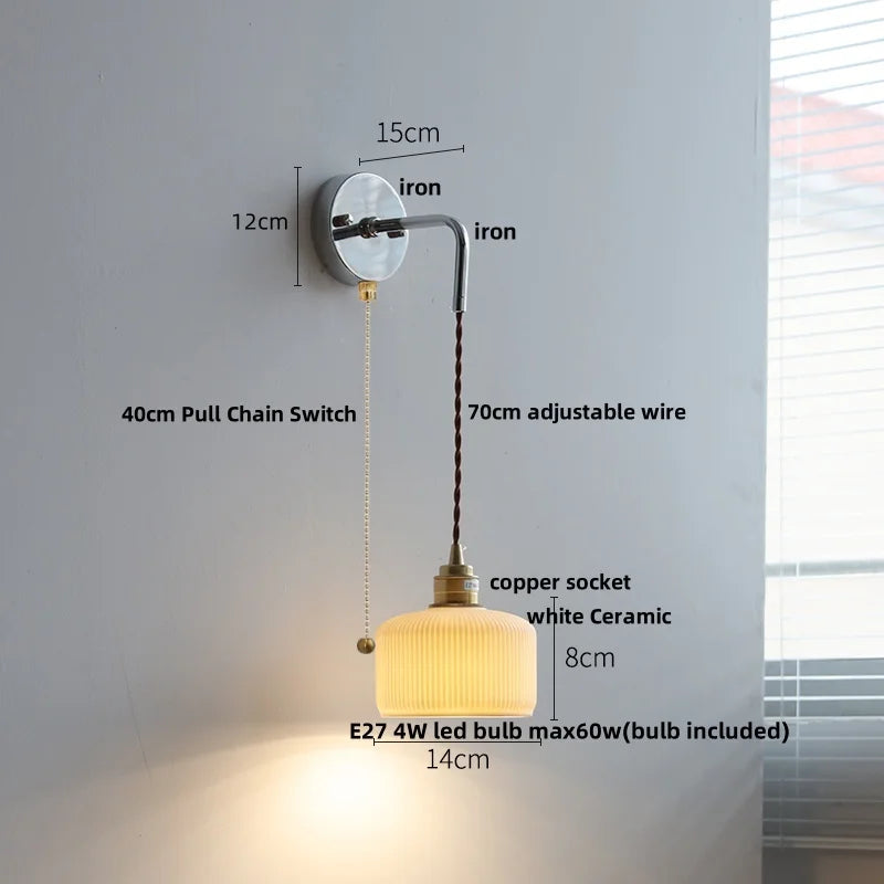 DecorBites™ Ash Wood LED Wall Light with Pull Chain Switch, Japanese Style Bedside Lamp