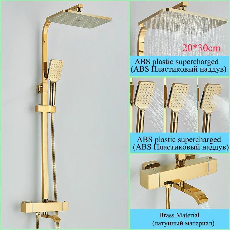 DecorBites™ Golden Thermostatic Shower Faucet Set with Rainfall Shower Column and 3-Way Mixer