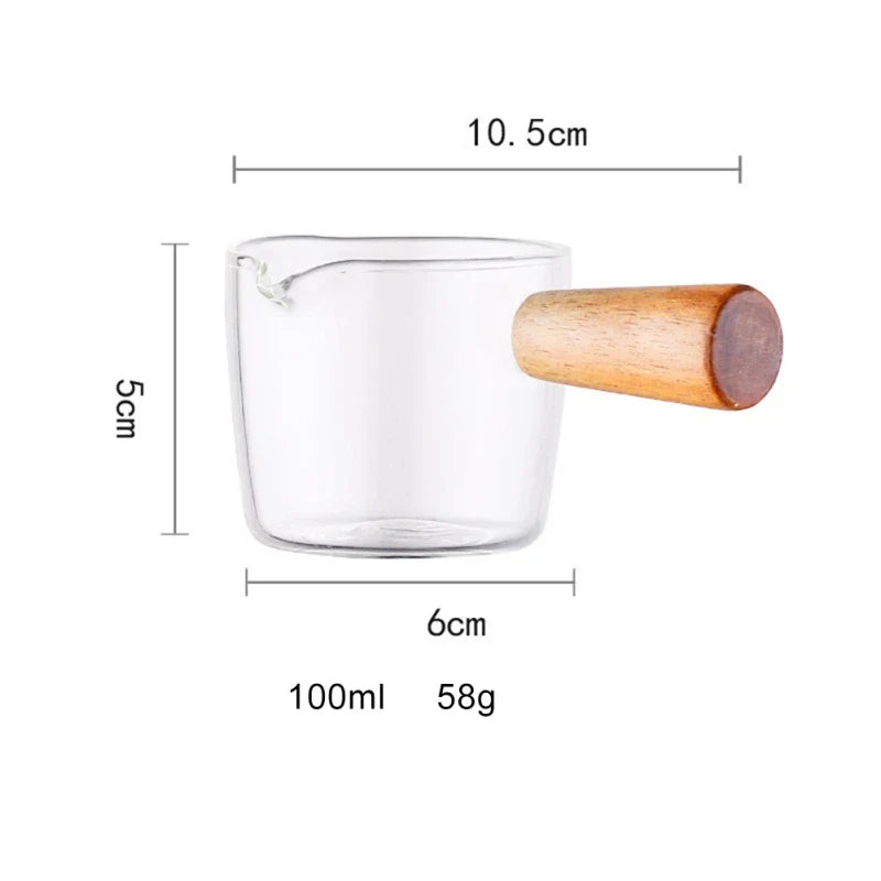 DecorBites™ Glass Espresso Measuring Cup with Wood Handle, Milk Jug for Coffee & Sauce