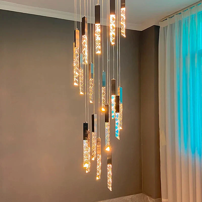 ثريا كريستال ذهبية على شكل درَج من DecorBites™ إضاءة LED متدلية فاخرة إضاءة داخلية فاخرة