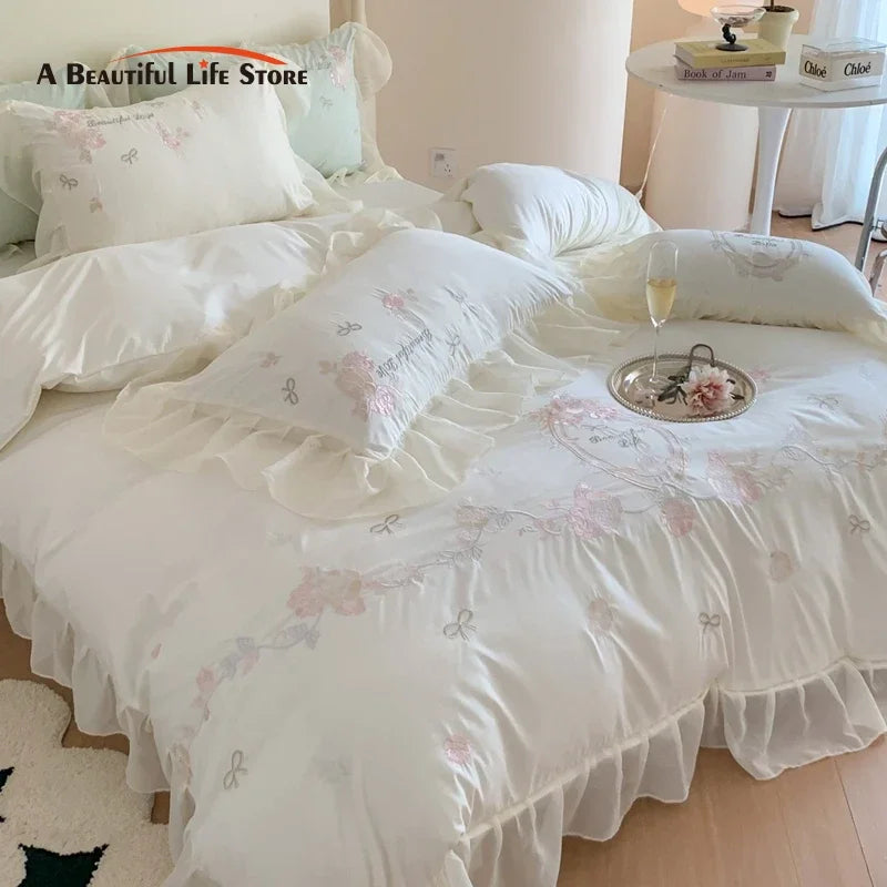 DecorBites™ 4Pcs Flowers Embroidery Princess Queen Bedding Set with Lace Ruffles