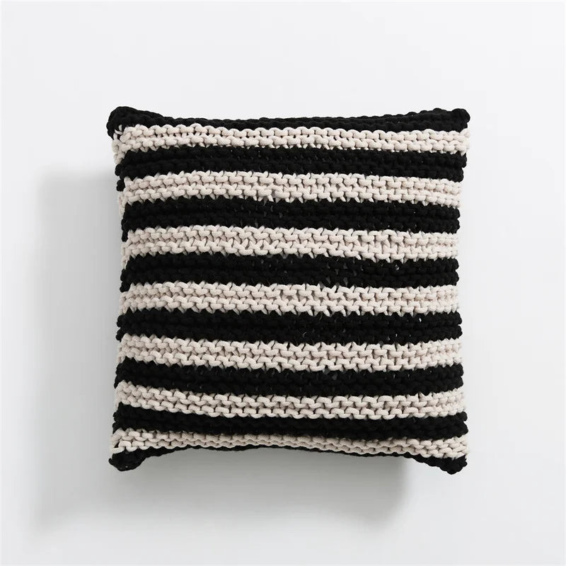 DecorBites™ Geo Knit Stripe Woven Square Pillow 45x45cm Black Ivory Insets