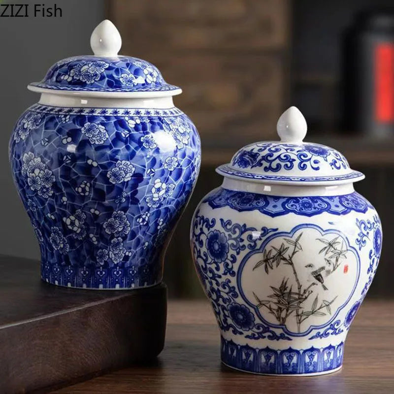 DecorBites™ Blue White Porcelain General Jar Tea Canister with Lid Desk Decoration