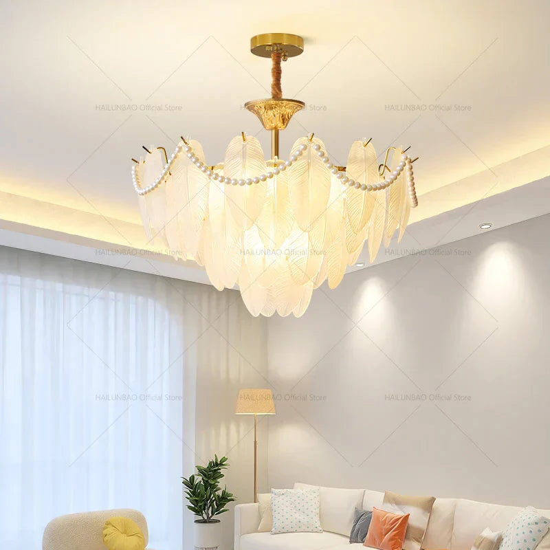 DecorBites™ Cream Wind Feather Pearl Crystal Chandelier for Luxury Living Room and Bedroom