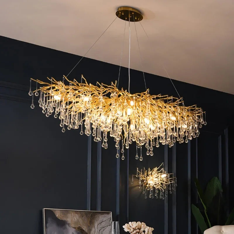 فانوس زجاجي معلّق ذهبي من DecorBites™ Gold Chandelier لديكور المنزل - إضاءة عصرية فاخرة