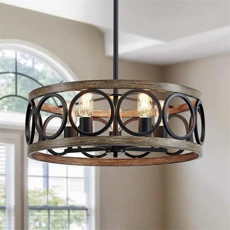 DecorBites™ Industrial Farmhouse Circular Chandelier Retro Iron Art Wood Grain Ceiling Light