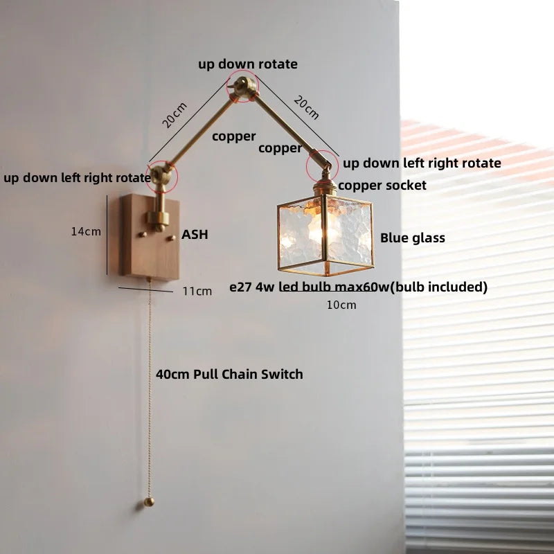 DecorBites™ Ash Wood LED Wall Lights Swing Arms Blue Glass Bedside Lamp