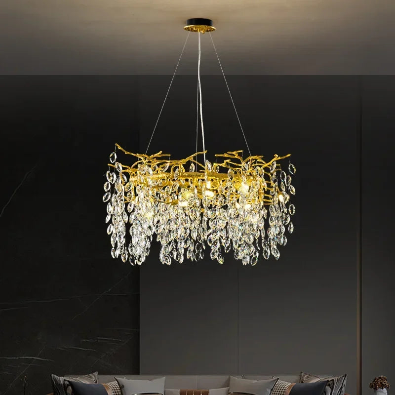 DecorBites™ ثريا سقف شجرية كريستالية ذهبية، مصباح فني فاخر من الألومنيوم