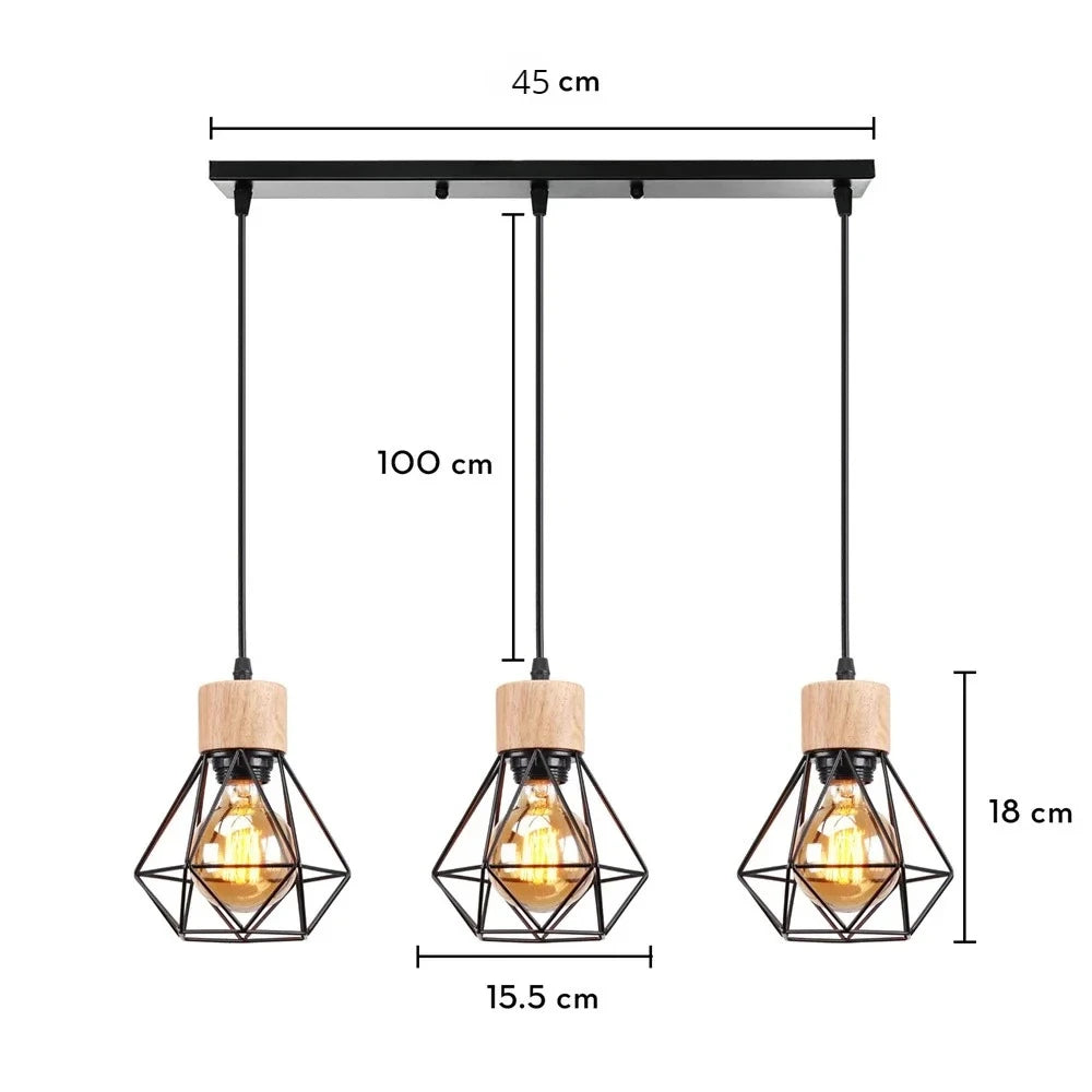 Vintage Black Wood and Iron Cage Pendant Light