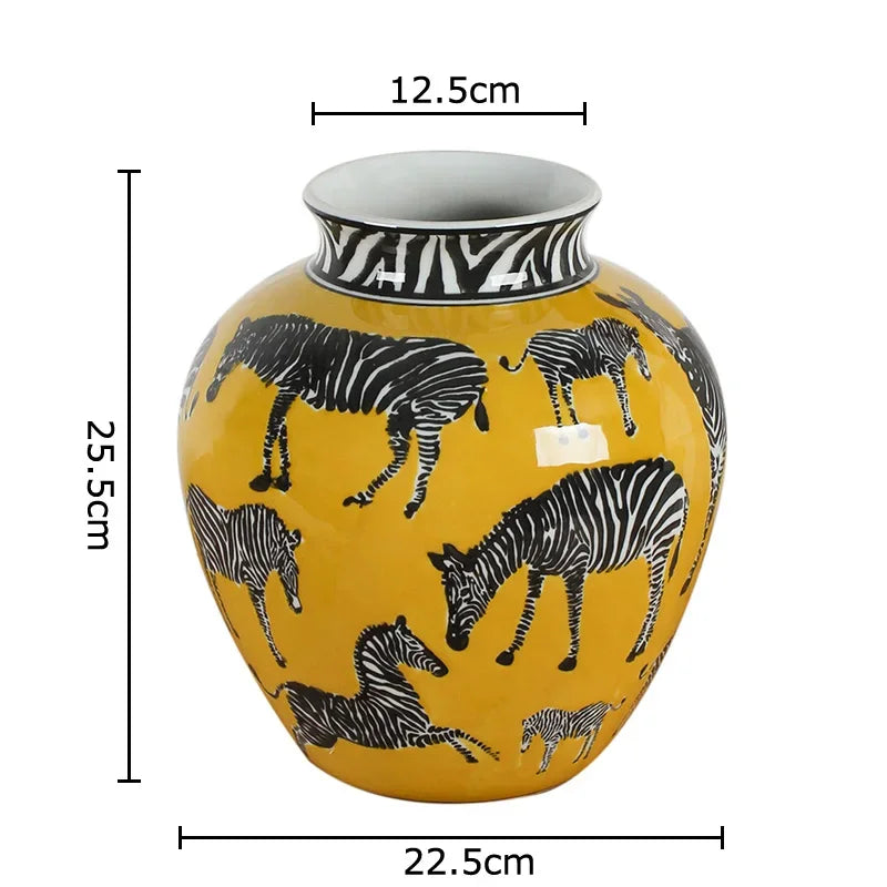 DecorBites™ Zebra Yellow Vase with Artificial Flowers for Desk Decoration