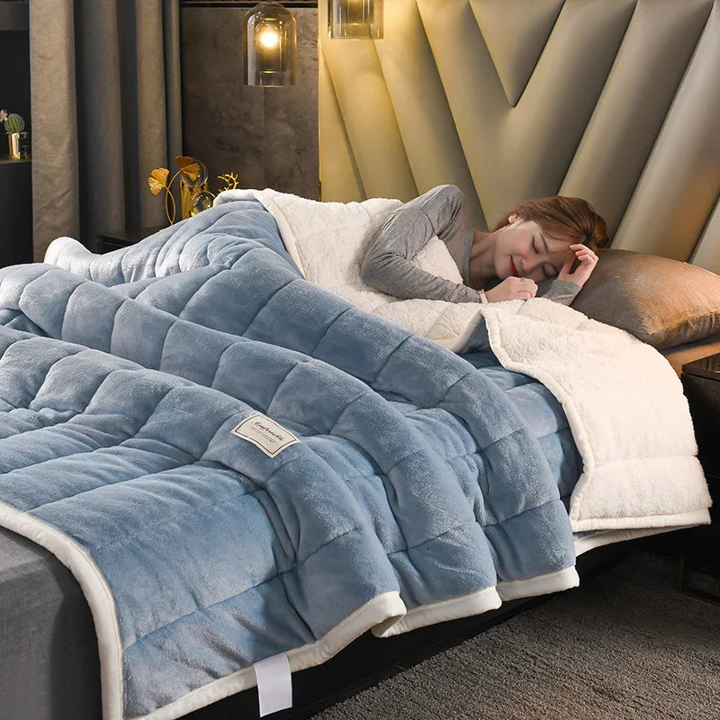 DecorBites™ Cozy Coral Fleece 3-Layer Bed Blanket for Autumn & Winter Warmth
