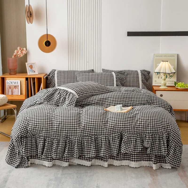 DecorBites™ Cotton Plaid Stripe Ruffles Bedding Set with Lace Accents