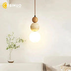 Wabi Sabi Cream Stone Pendant Light With Wooden Accent