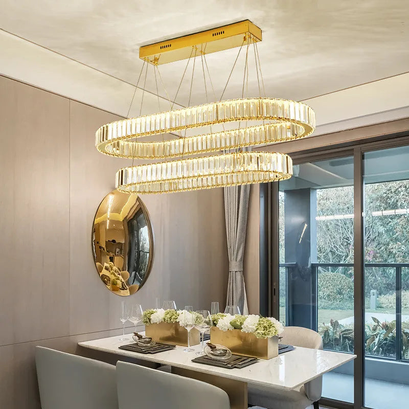DecorBites™ Crystal Circle LED Chandelier: Dimmable Pendant Lighting for Modern Stairs