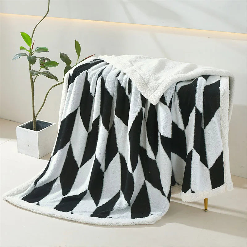 DecorBites™ Geometric Lamb Wool Blanket: Soft Multi-Purpose Sofa Cover for Autumn Winter