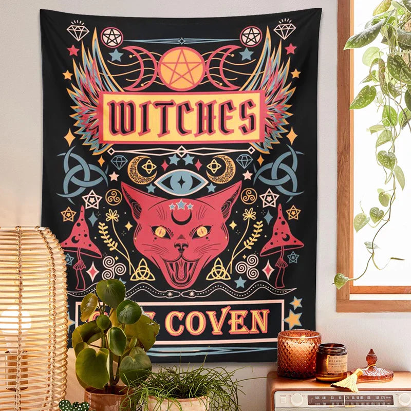 DecorBites™ Cat Witchcraft Tapestry: Sun Moon Tarot Mushroom Divination for Home Decor