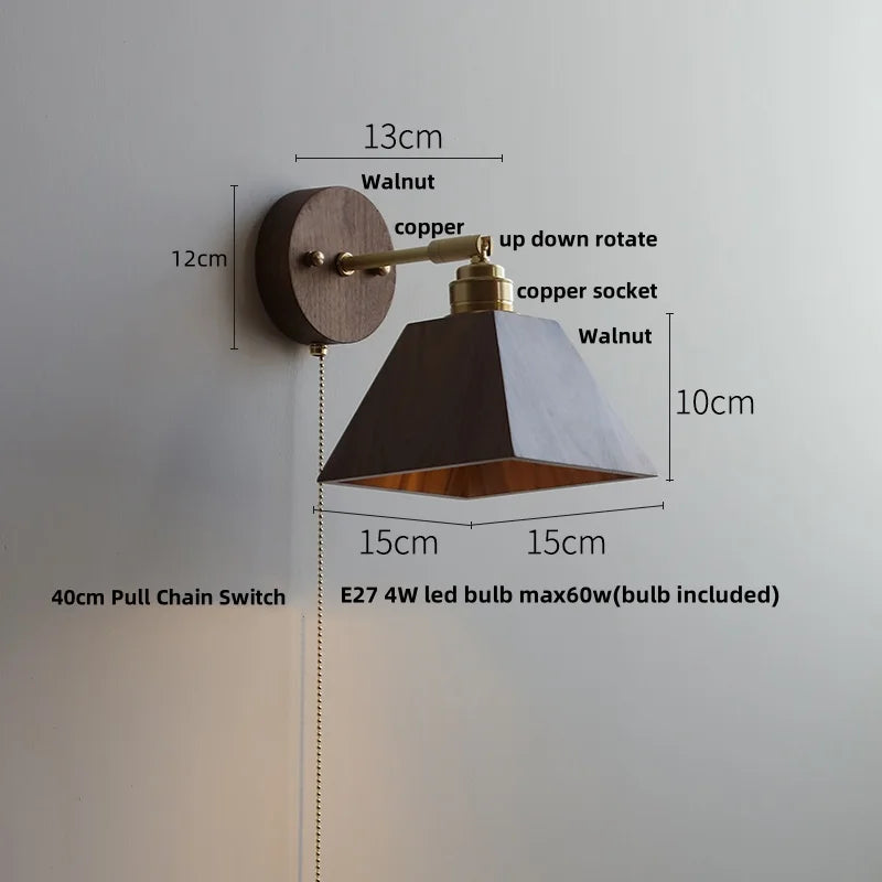DecorBites™ Copper Lampshade LED Wall Sconce Pull Chain Switch Nordic Modern Walnut Wood Mirror Light