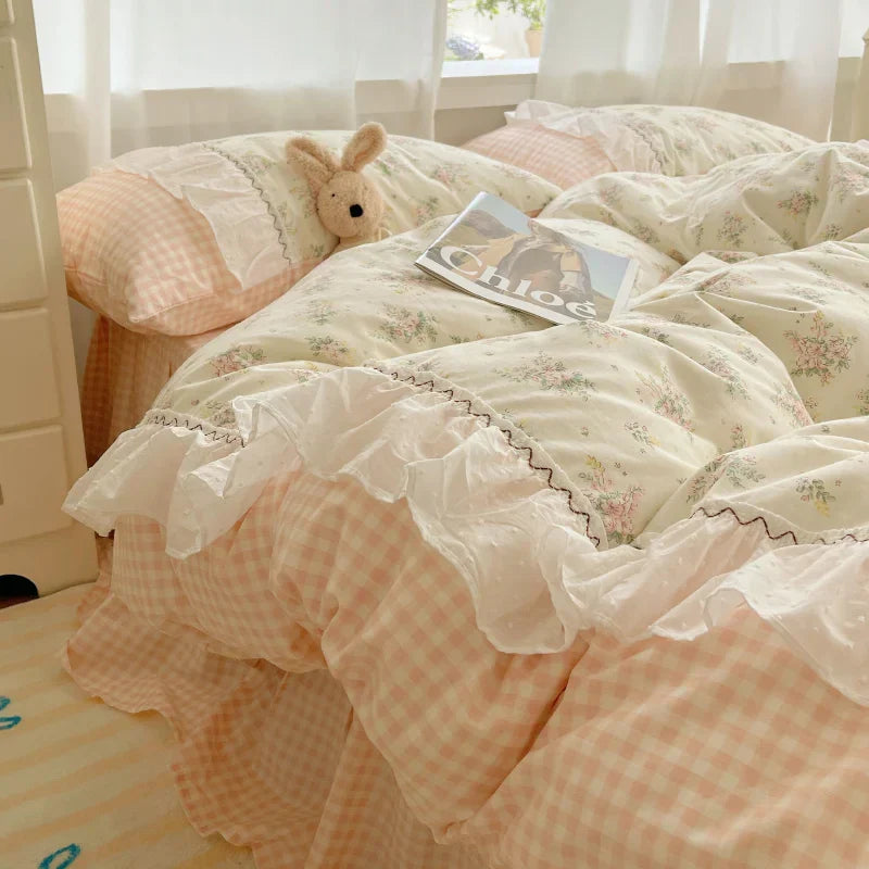 DecorBites™ Cotton Small Florals Princess Bedding Set - Queen Size - Duver Cover Bed Sheet Bed Skirt Pillowcases