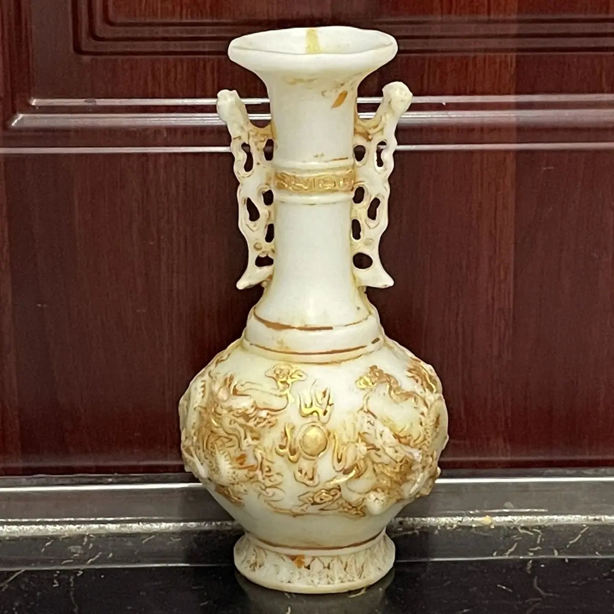 "DecorBites™ White Marble Gold Vase with Ming and Qing Antique Jade Dragons"