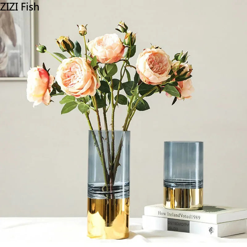 DecorBites™ مزهرية زجاجية ذهبية، ديكور مكتبي شفاف، وعاء زهور هيدروبونيك للترتيبات الزهرية