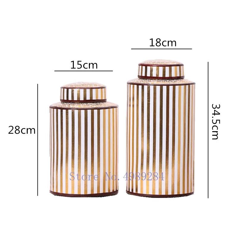 مزهرية سيراميك جولدن سترايب من DecorBites™ بغطاء، برطمان تخزين عصري لديكور المنزل