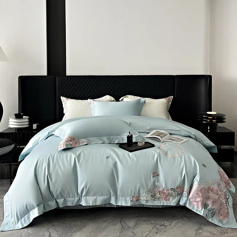 DecorBites™ French Flowers Embroidery Luxury Bedding Set in 1000TC Egyptian Cotton
