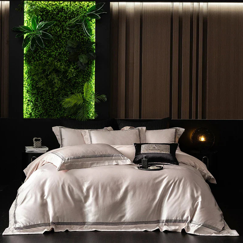 طقم مفرش سرير شامبين فاخر DecorBites™ من قطن مصري حريري - مقاس كوين وكينج
