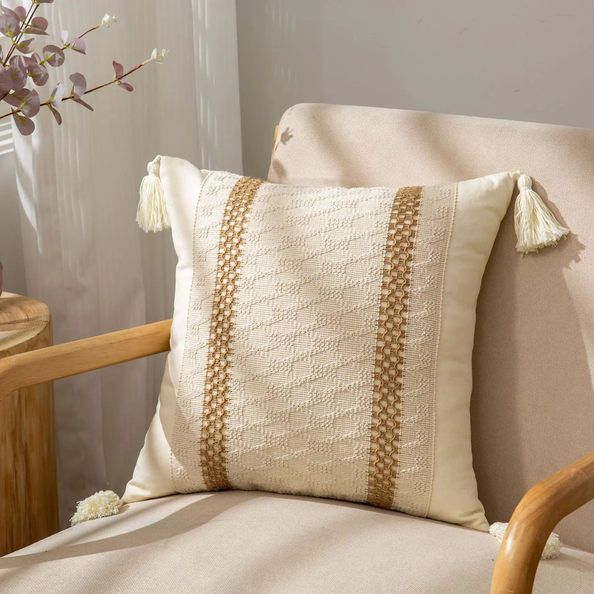 غطاء وسادة DecorBites™ شرابة هندسية من القطن والكتان لغرفة المعيشة وغرفة النوم