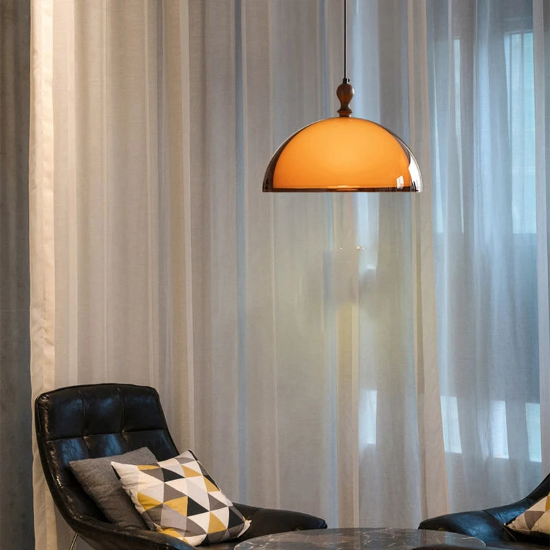 Brown Acrylic Pendant Light With Dark Wood Accent