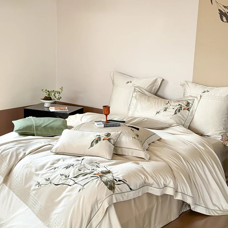 DecorBites™ Deluxe Lyocell Cotton Embroidery Bedding Set - Soft, Silky, Breathable Luxury Bed Set