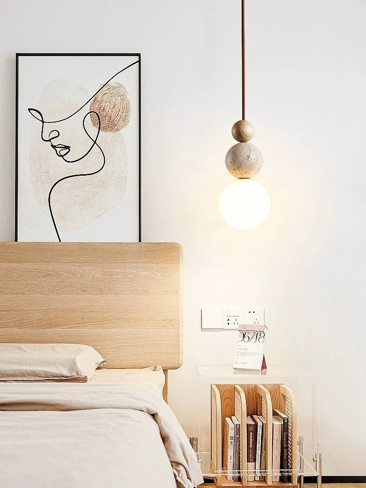 DecorBites™ Cream Style LED Pendant Lamp for Bedroom and Bar - Designer Stone Wood Chandelier