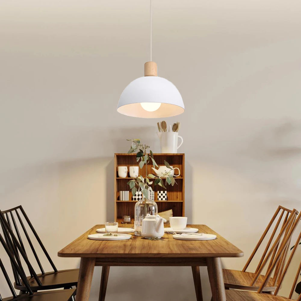 Nordic White Iron Pendant Light With Wood Accent