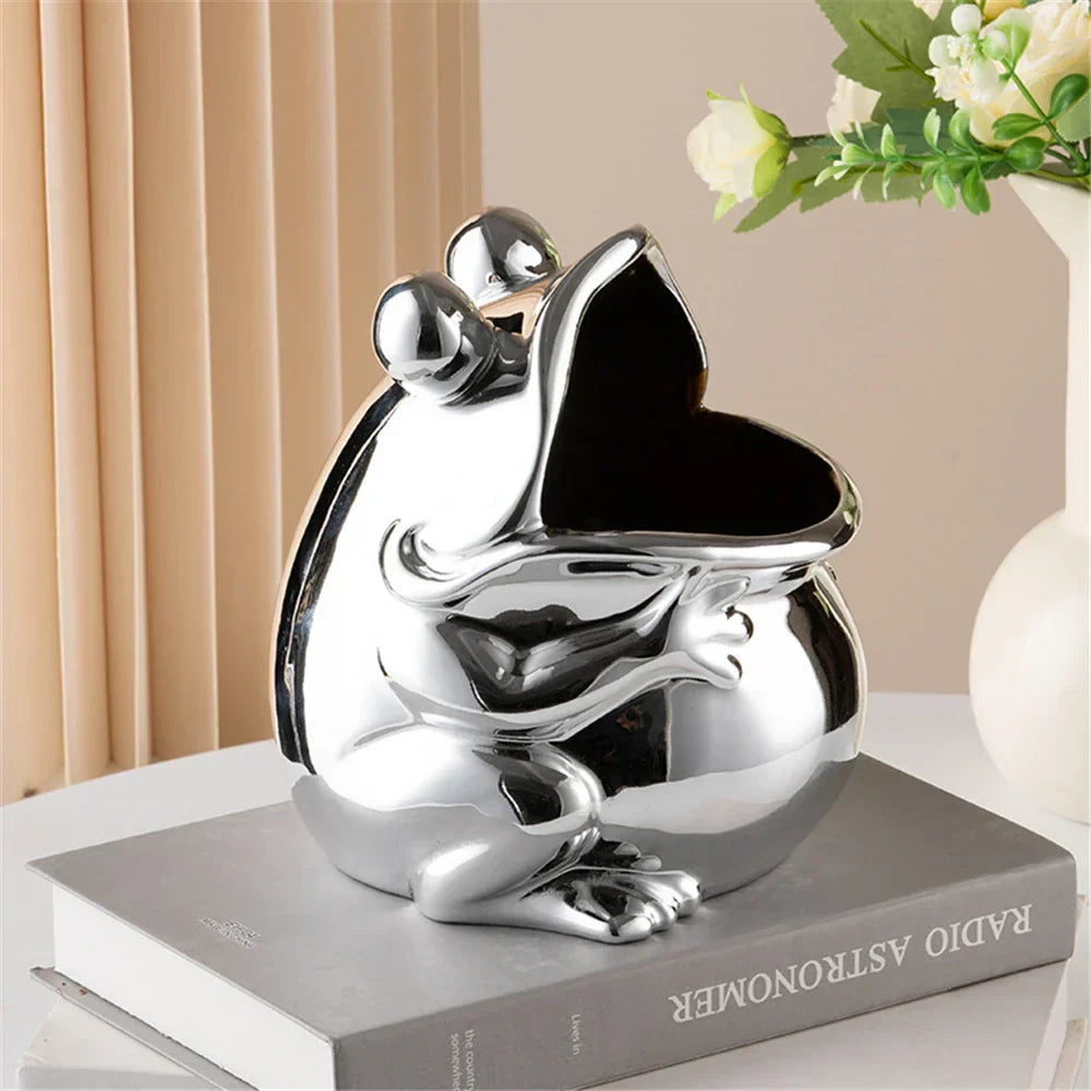 DecorBites™ Frog Sculpture Storage Box: Silver Green Desk Ornament & Home Decoration