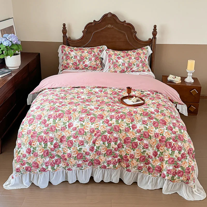 DecorBites™ French Flowers Lace Ruffles Princess Bedding Set with Bed Sheet Pillowcases