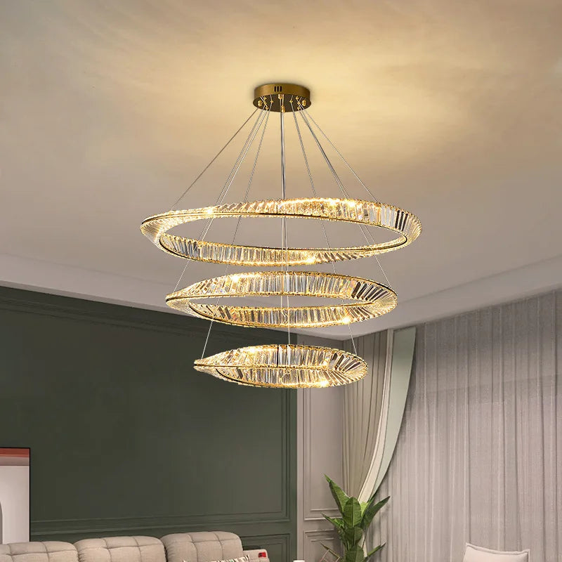 DecorBites™ Gold Plated Steel Ring Pendant Lamp with Dimmable LED Lights and K9 Crystals