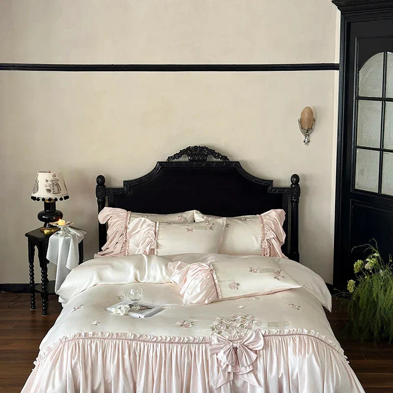 DecorBites™ French Bow Ruffle Flower Embroidery Bedding Set - Luxury Lyocell Cotton