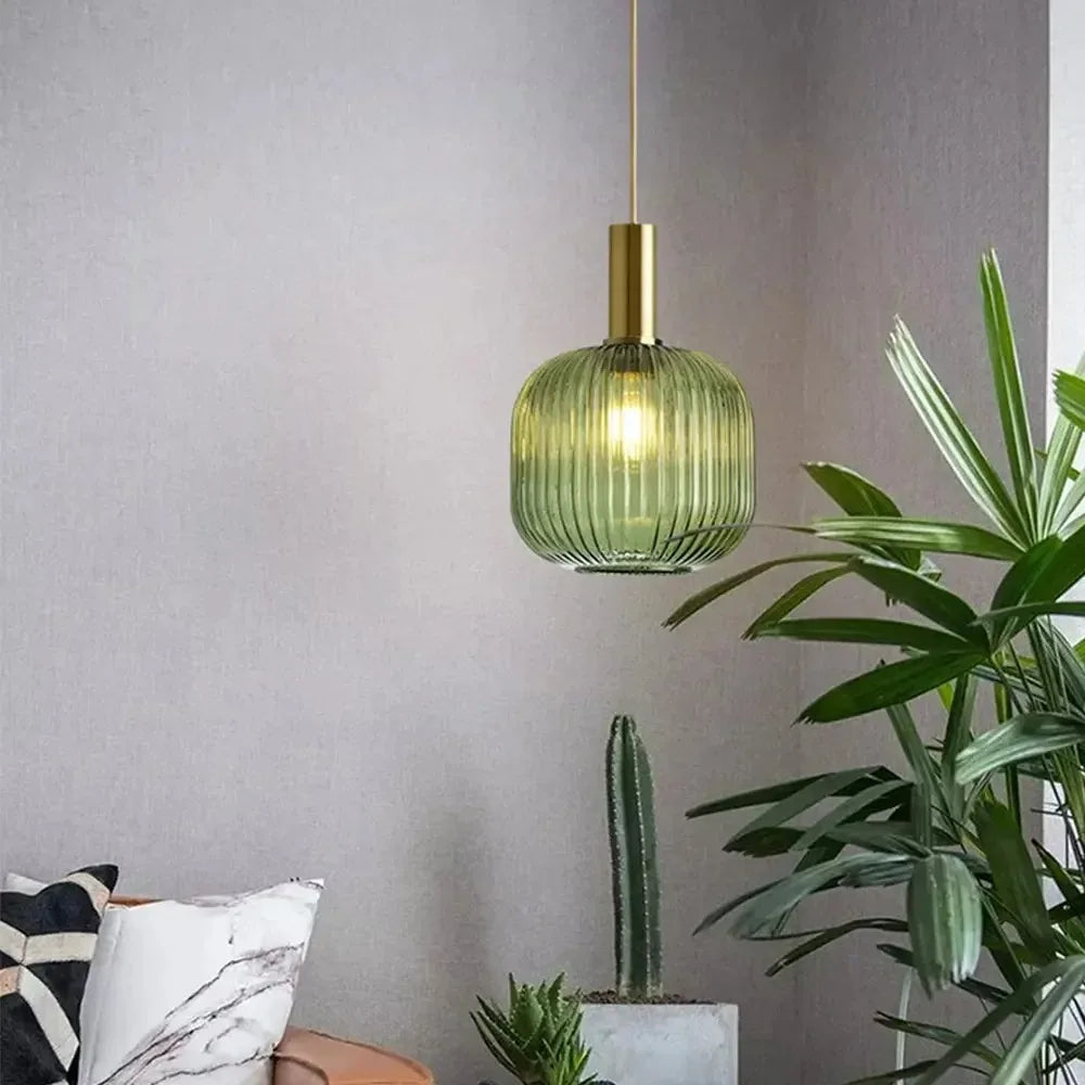 Nordic Ribbed Glass Pendant Light in Green, Grey or Amber