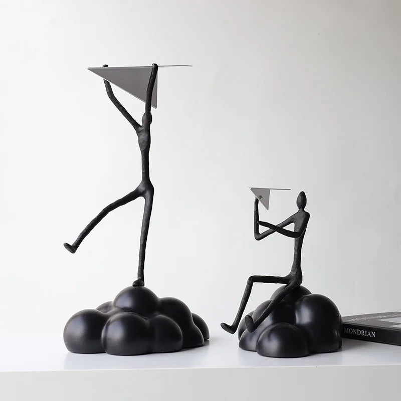 "DecorBites™ Resin Paper Airplane Cloud Figure for Home Decor - Black Cartoon Abstract Figurine"