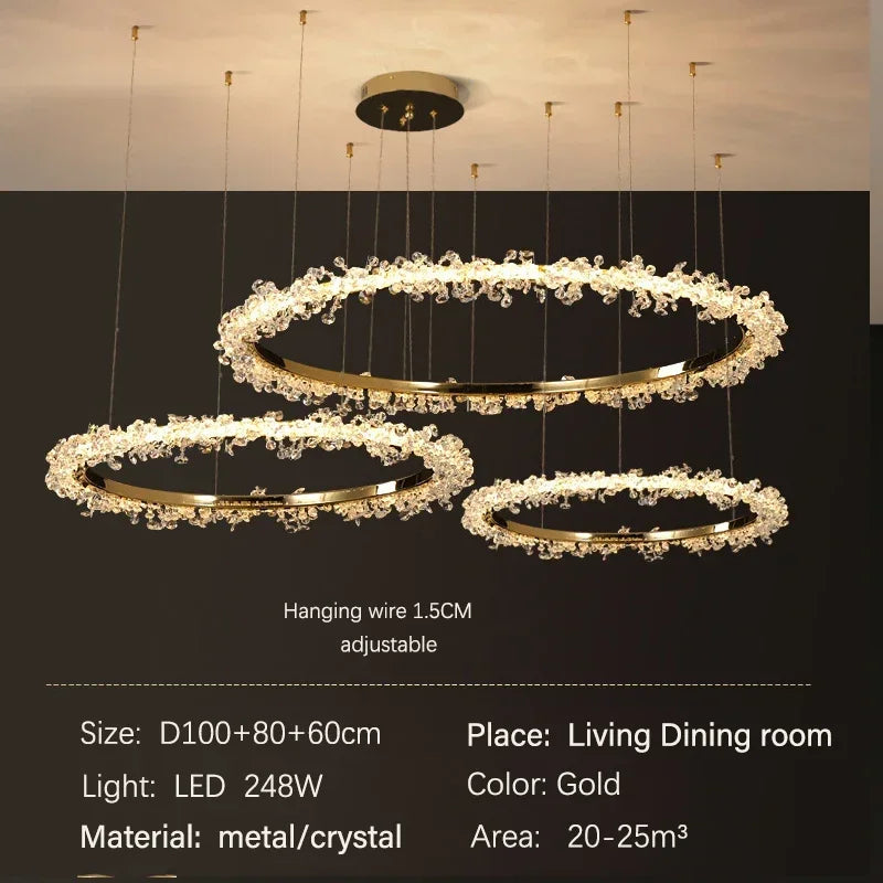 DecorBites™ ثريا كريستال ذهبية مستديرة | ثريا هالو LED فاخرة بنمط نورديك لغرفة المعيشة