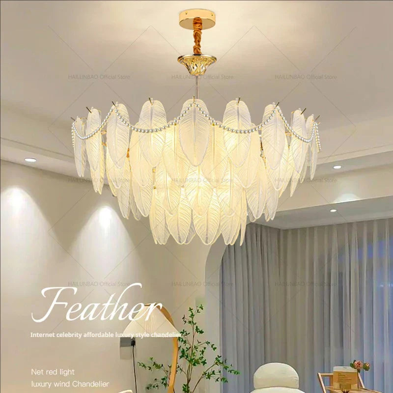 DecorBites™ Cream Wind Feather Pearl Crystal Chandelier for Luxury Living Room and Bedroom