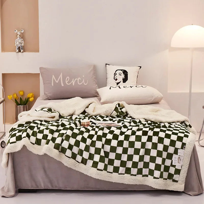 2024 DecorBites™ Checkerboard Lamb Fleece Blanket Cover - Premium Printed Blanket Series