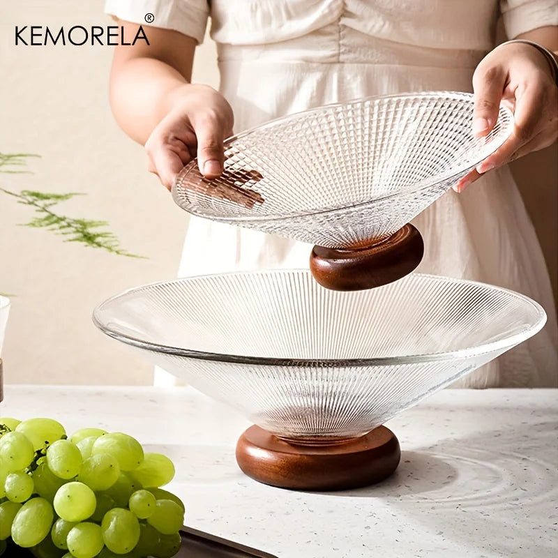 DecorBites™ Creative Glass Fruit Plate with Wooden Base | Elegant Home Decor for Living Room Coffee Table