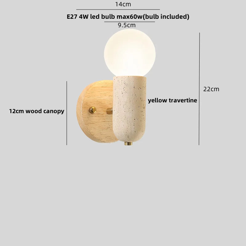 DecorBites™ LED Wall Light Fixture Yellow Travertine Stone Modern Bedside Lamp