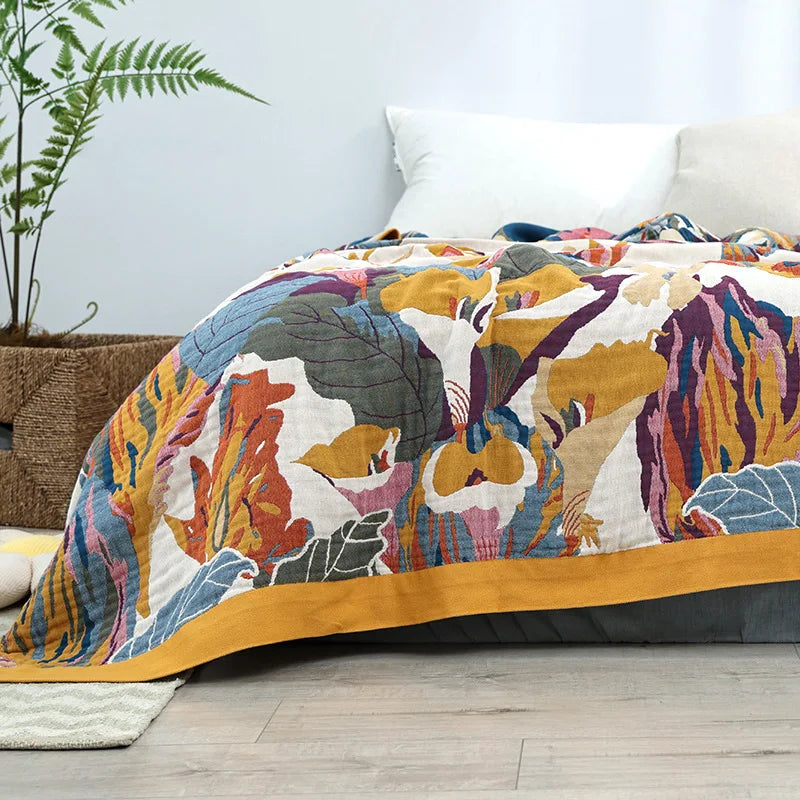 DecorBites™ Cotton Summer Blanket & Pillow Set - Birds & Flowers Design