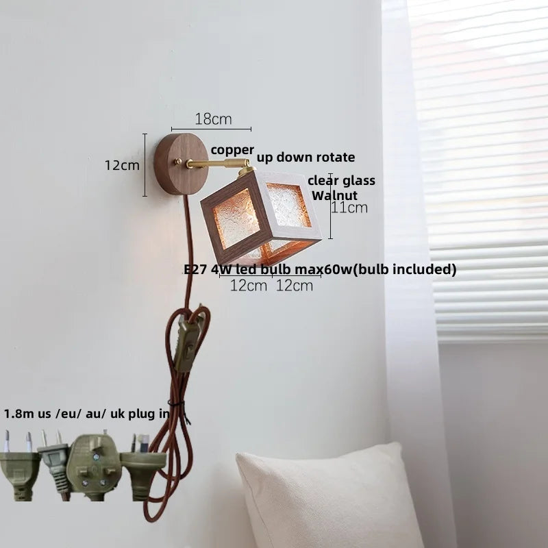 DecorBites™ Clear Glass LED Wall Light Fixture Walnut Wood Pull Chain Switch Nordic Modern Wall Lamp