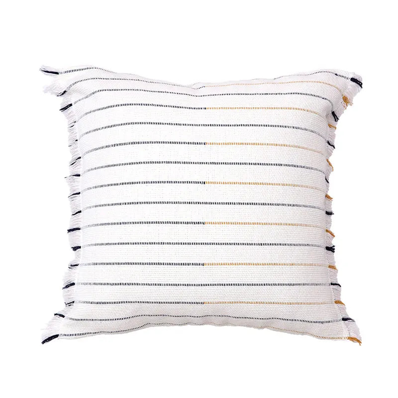 DecorBites™ Handmade Cotton Woven Cushion Tassels - Ivory Black Yellow Stripe Home Decor