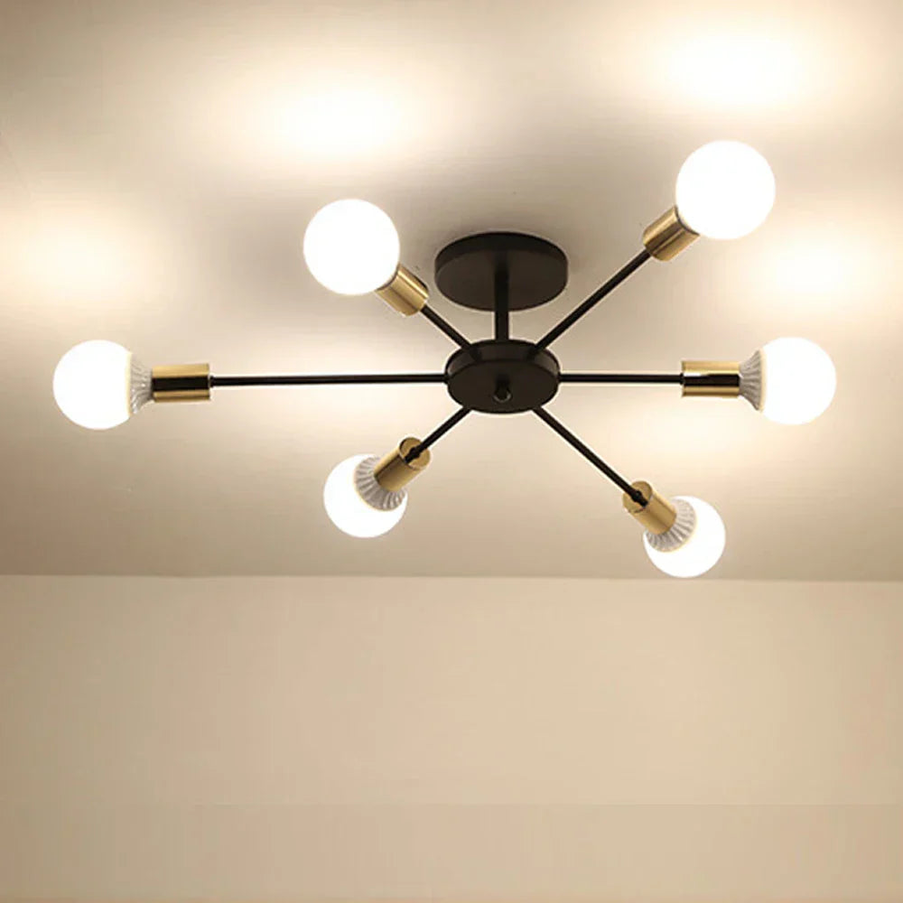 DecorBites™ Industrial Rod Iron Wood Sputnik Chandelier Ceiling Lamp LED E27 Home Lighting